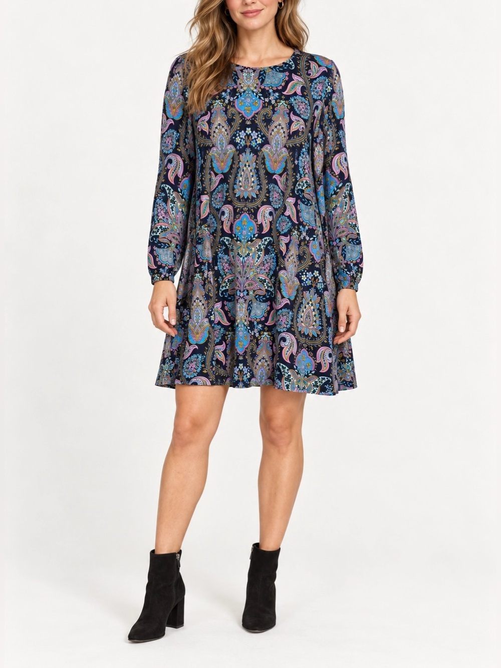 LOFT Navy Multicolor Paisley Long Sleeve Swing Dress Boho Size M